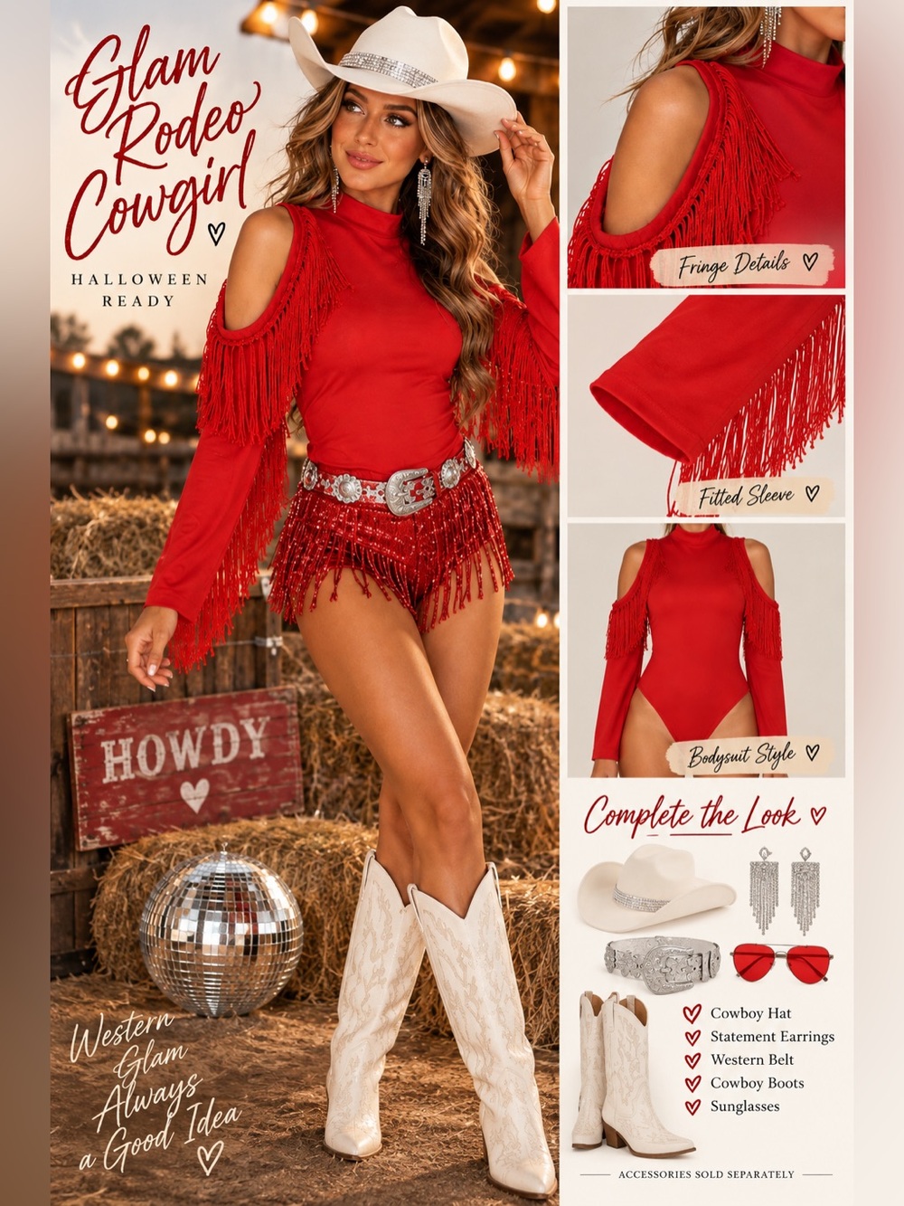 Red Fringe Cold-Shoulder Bodysuit - 1059-1068
